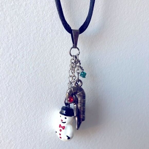 Vintage Jewelry - Vintage Christmas Charm Necklace Snowman Tree Candy Cane Retro 80s 90s Festive